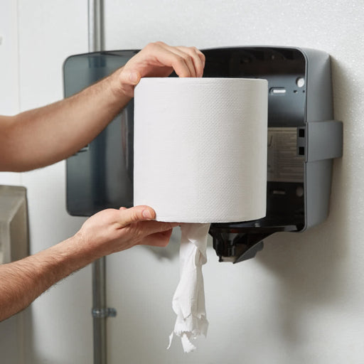 man placing the center pull white roll towel inside the container to dry hands