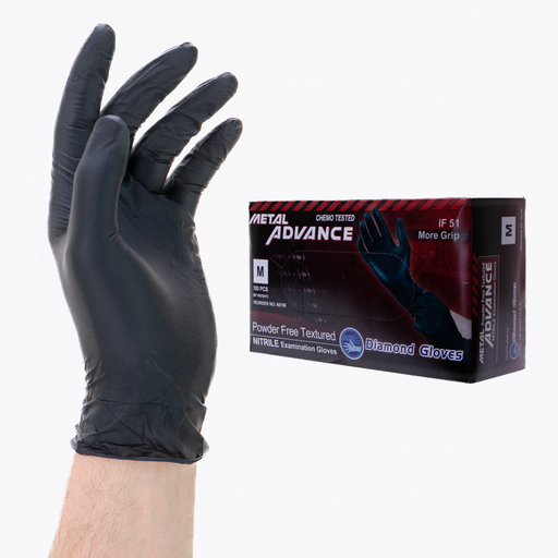 Advance IF 51 black 5 mil nitrile examination gloves white background with a hand showing the glove