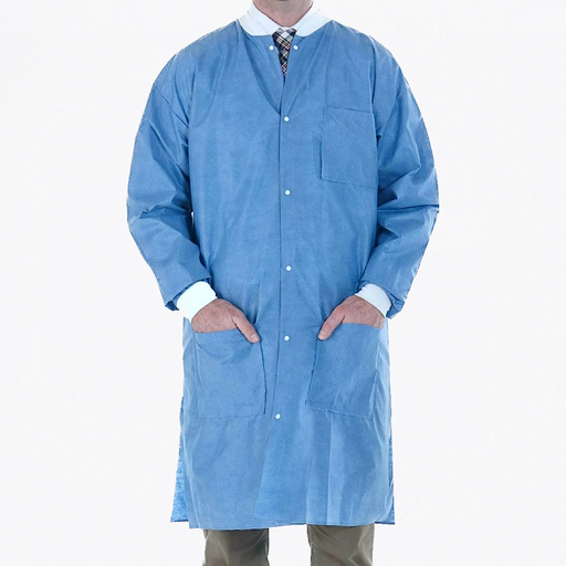 Disposable Blue Lab Coat with 3 pockets and knitted collar available in small, medium, large, and x-large sizes perfect for dental and medical use