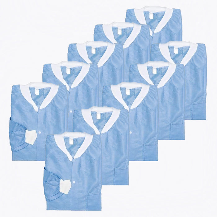 10 pieces of Disposable Blue Lab Coat with 3 pockets and knitted collar available in small, medium, large, and x-large sizes perfect for dental and medical use