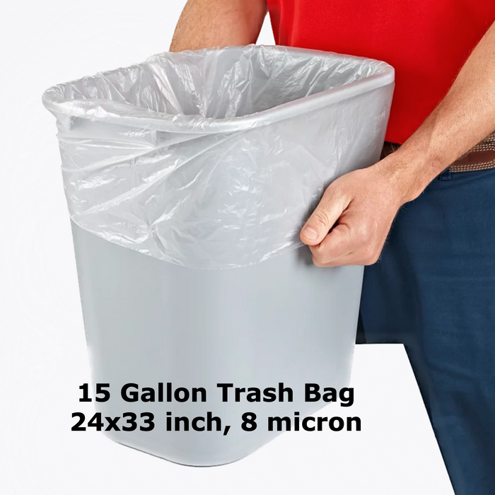 15 Gallon trash bag, 24" x 33", 8 micron clear color can liner