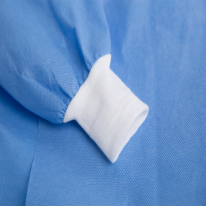 close look at the Level 2 SMS Non-Woven Isolation Gown, disposable self protection gowns, blue color, knit cuffs clean nice