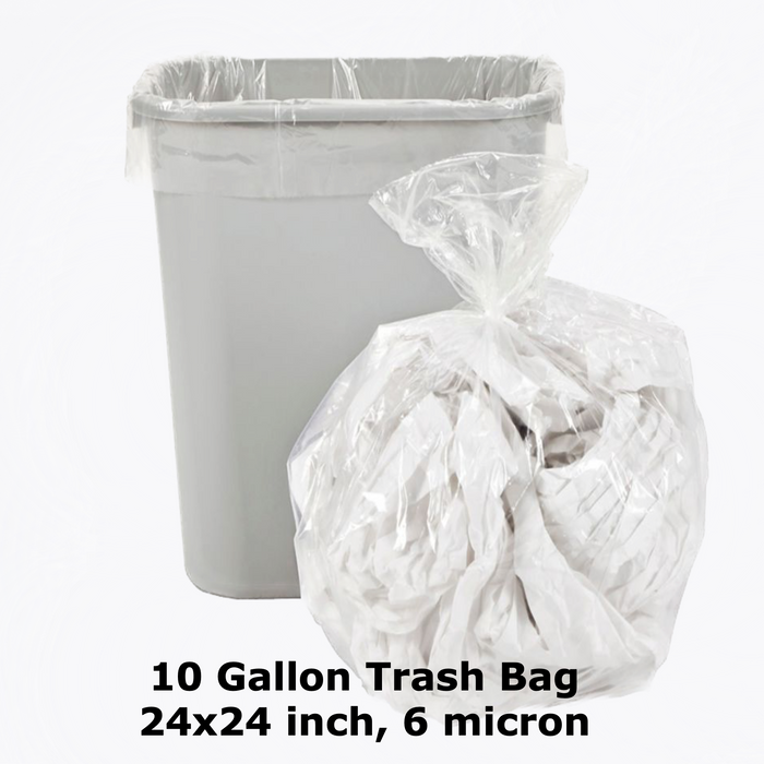 10 gallon trash bag, 24" x 24", 6 micron, clear color can liner