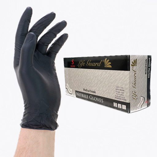 Black nitrile glove held up next to a box of Life Guard nitrile gloves on a white background