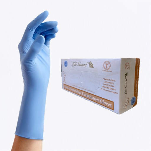 Box of 100 pieces of lifeguard blue 8 mil thickness nitrile examination gloves, powder free, latex free