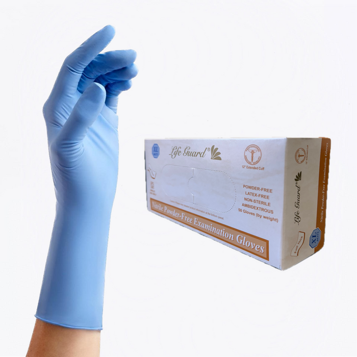 Box of 100 pieces of lifeguard blue 8 mil thickness nitrile examination gloves, powder free, latex free