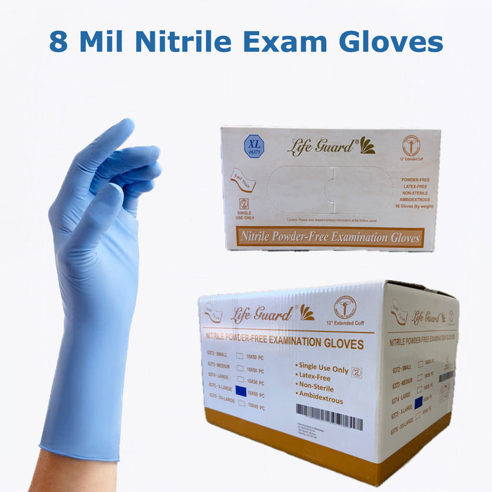 LifeGuard Blue Extended Cuff Nitrile Exam Gloves 8 Mil