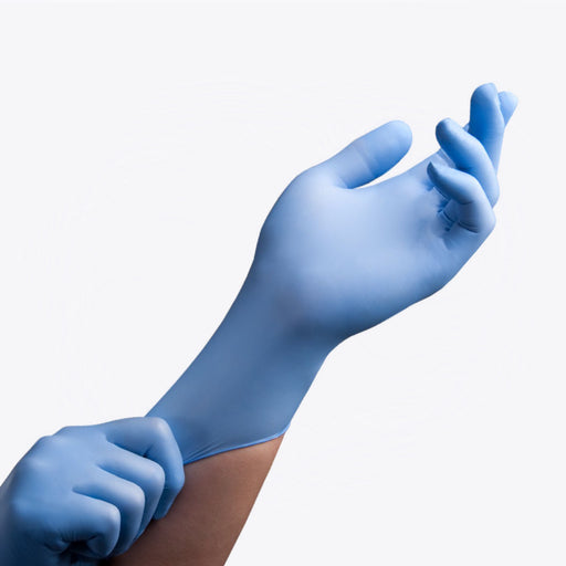 hand stretching the advance if 80 blue 8 mil nitrile examination gloves, powder free, latex free